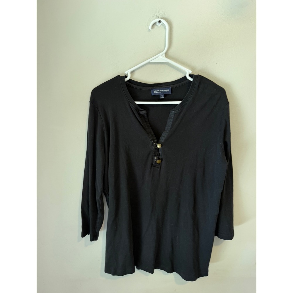 Jones New York Signature Woman Black Cotton Henley Top 1X Long Sleeve Button Up